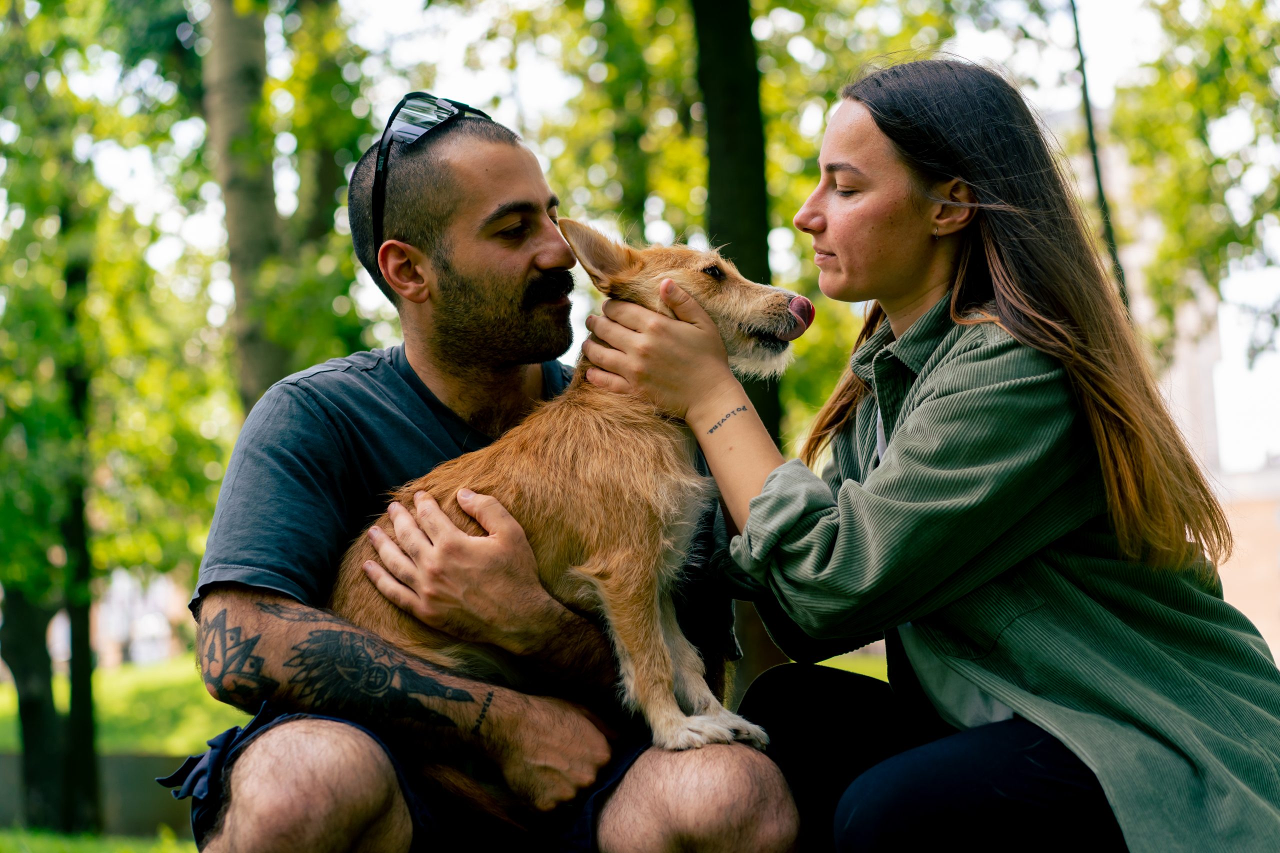 portrait of a young couple in love walking in the park with their pet kissing him love for dogs care romance
